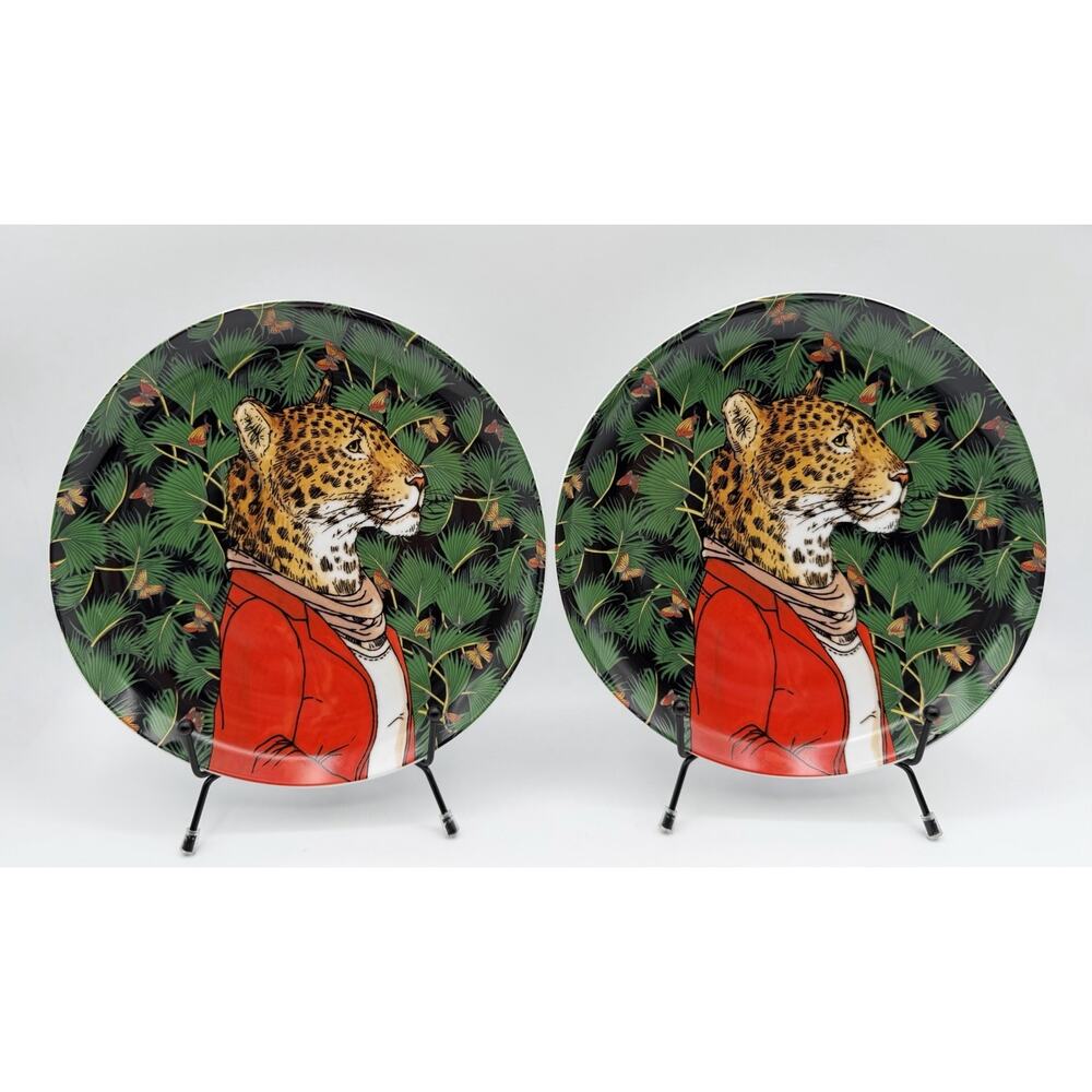 West Elm Rachel Kozlowski Dapper Animals Plate 8.5” Jaguar Leopard Cheetah Pair